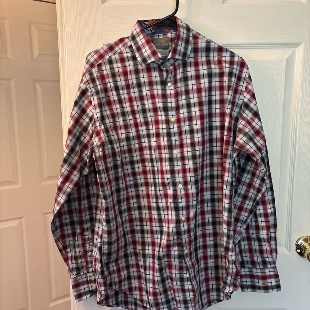 Thomas Dean Burgundy, Black & White Plaid Button-Down Shirt